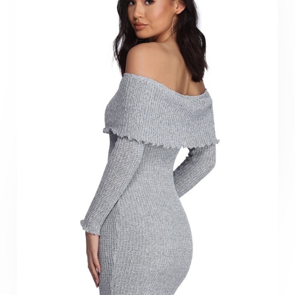 NWT🆕 Windsor Woman’s Medium Fold Over Knit Taupe Ruffled Long-Sleeve Mini Dress - Picture 7 of 12